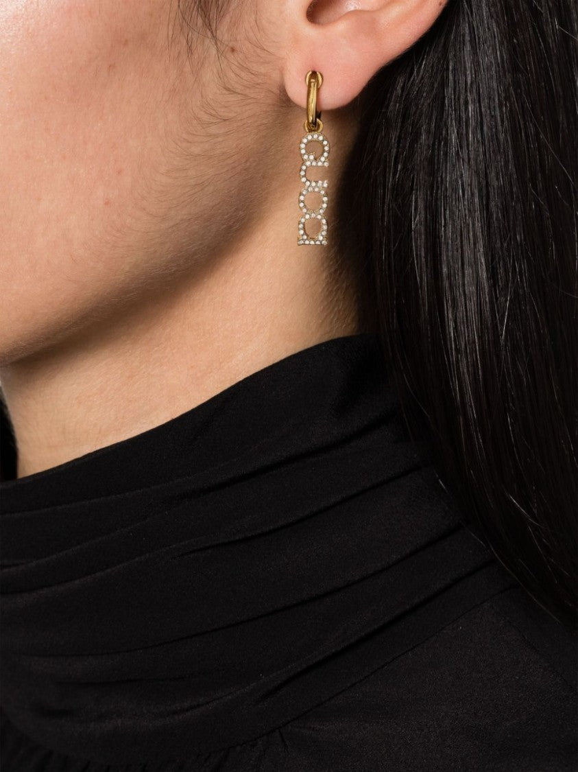 Gucci Gold Hoop Earrings With Crystal-Embellished Pendant