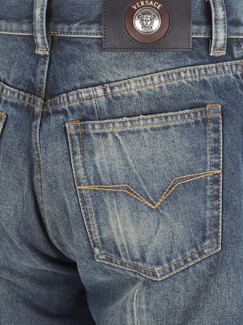Versace Distressed Blue Denim Straight-Leg Jeans With Medusa Emblem