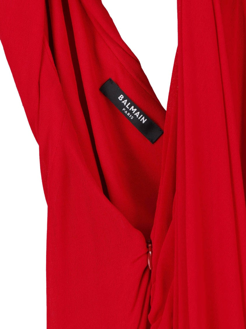 Balmain Draped Red Viscose Maxi Dress With Halter Neckline