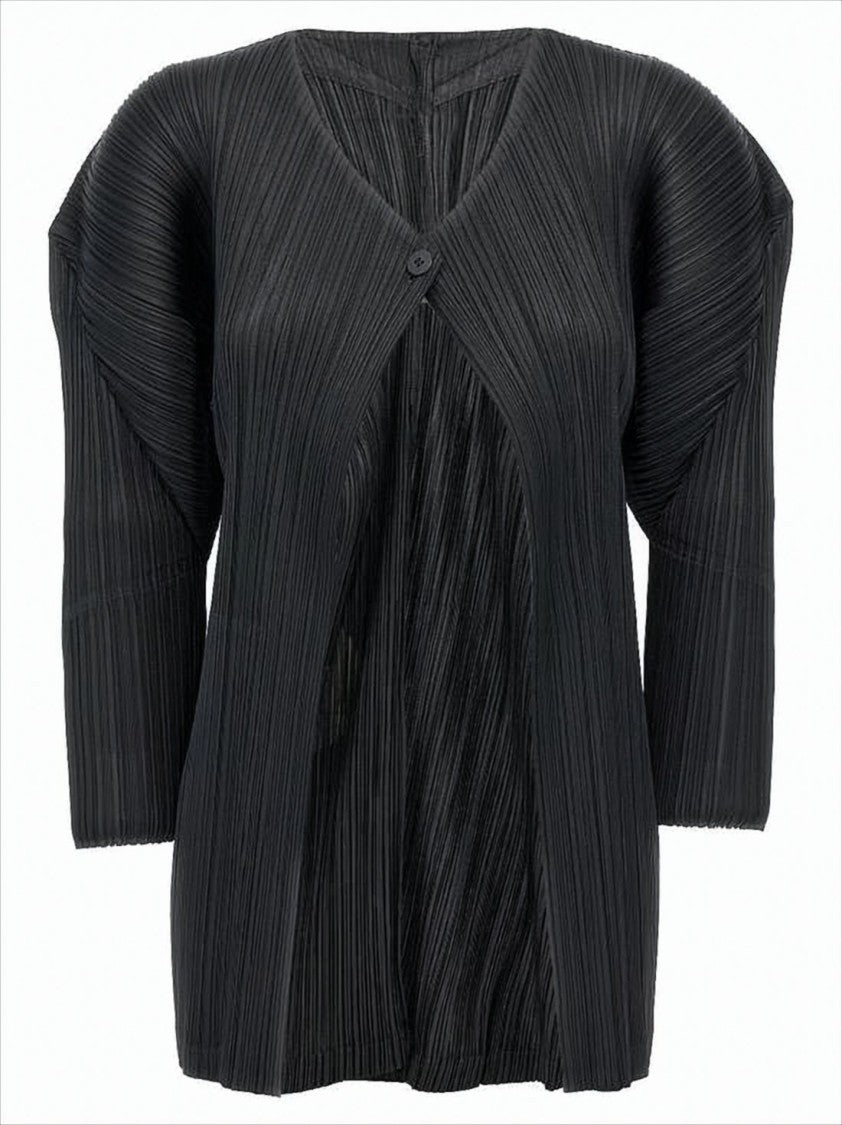 Pleats Please Pleated Design Cardigan With Deep V-Neckline And Flowy Sleeves
