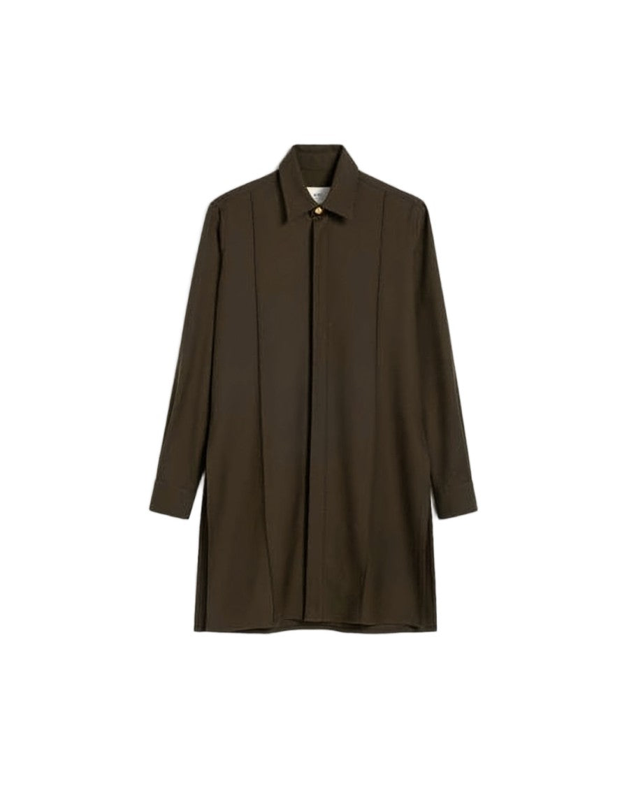 Ami Paris Brown Wool Shirt With Classic Collar And Concealed Placket