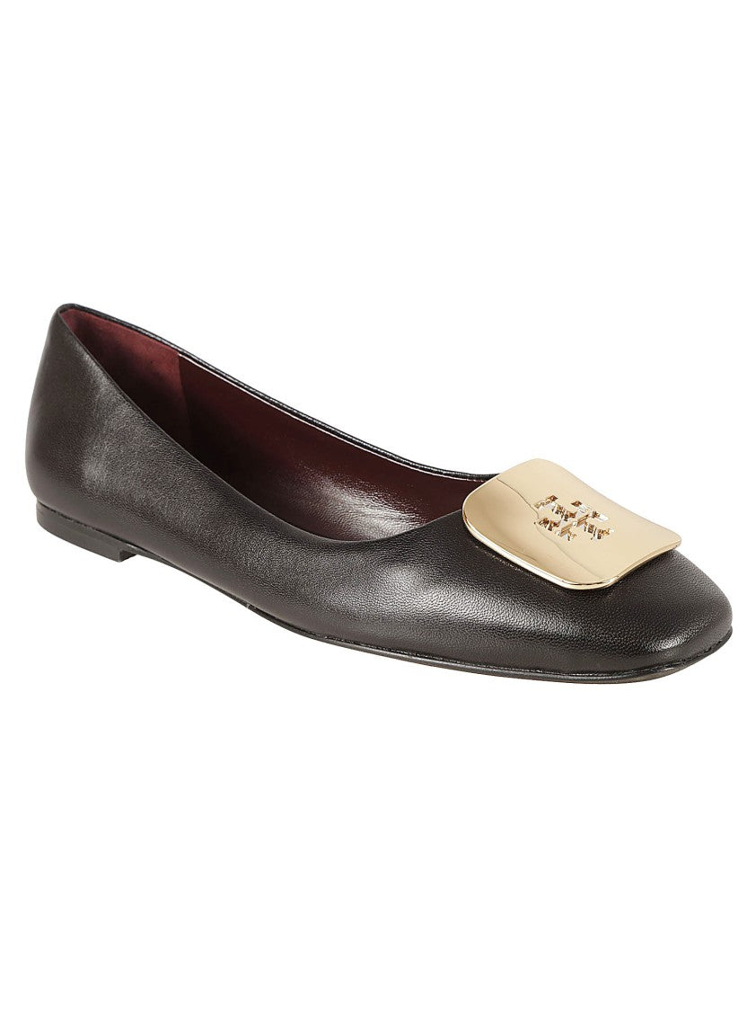 Tory Burch Rounded Toe Black Caprine Leather Flat Shoes