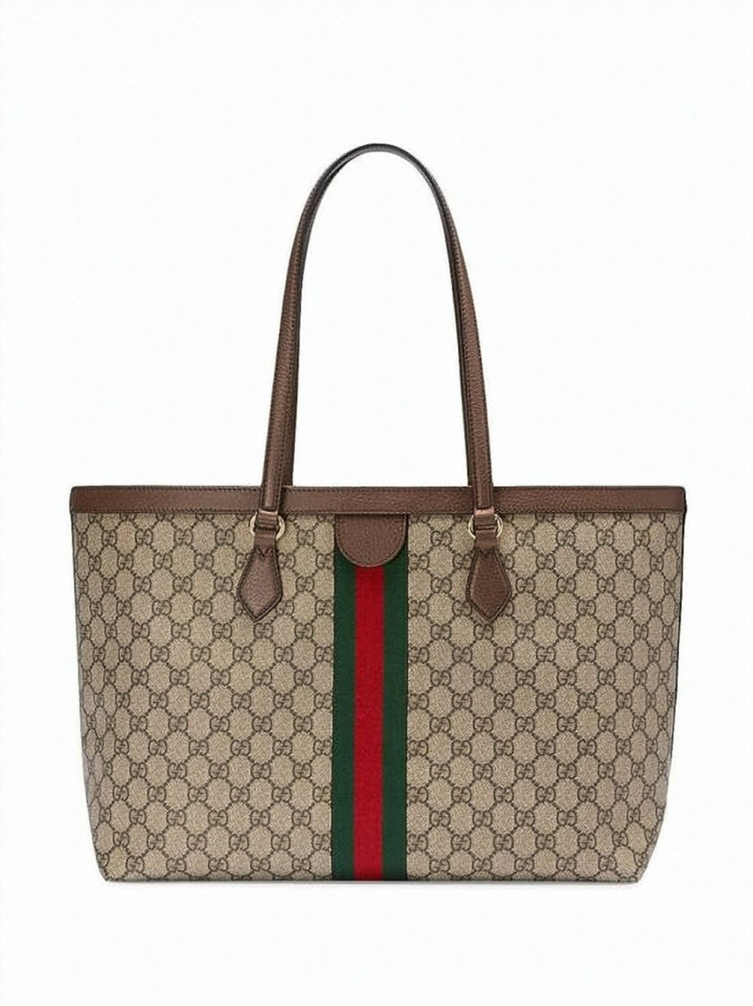 Gucci Medium Monogram Canvas Tote With Leather Trim And Double G Logo