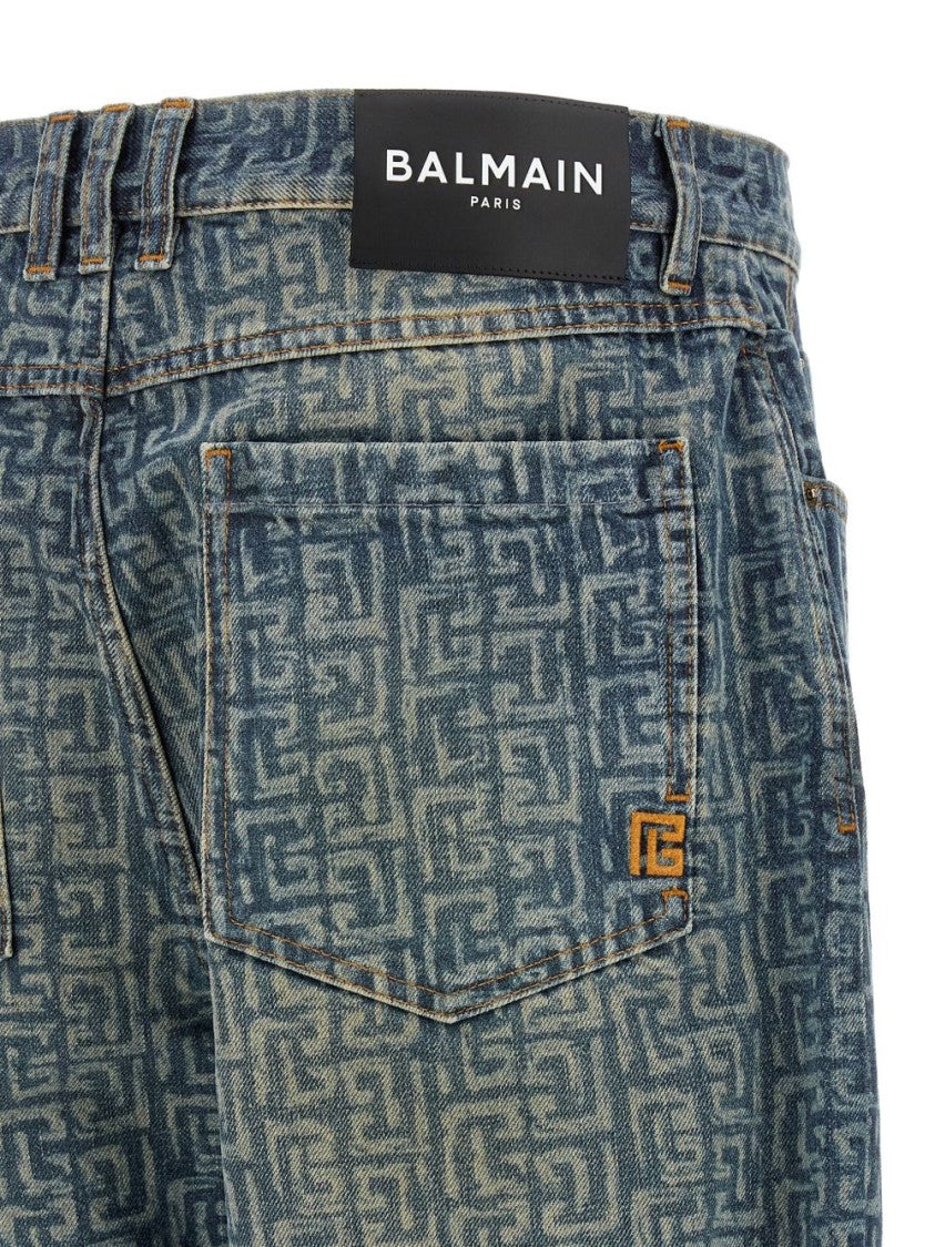 Balmain Blue Monogram Print Straight-Leg Jeans