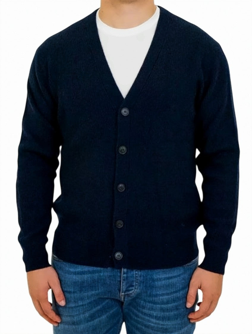 Manuel Ritz Deep V-Neck Blue Wool Cardigan