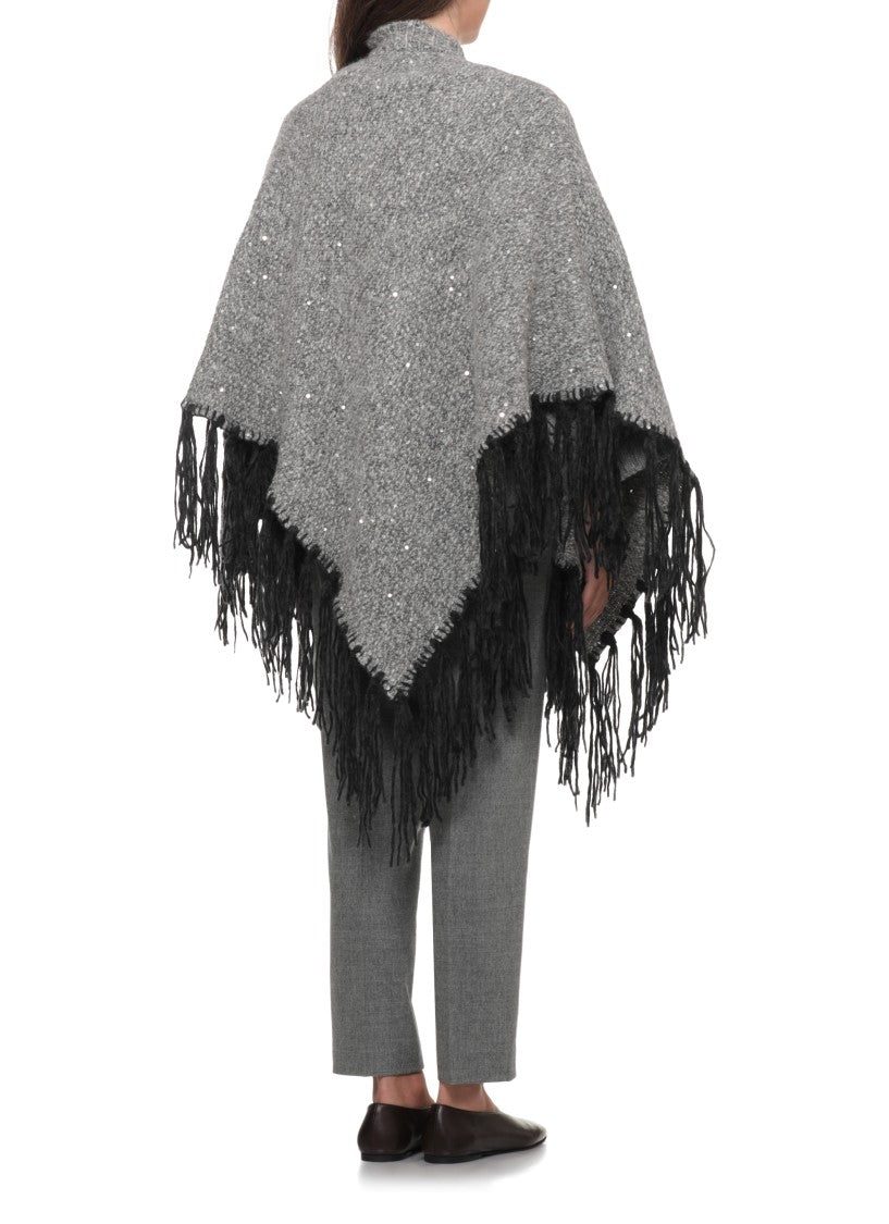 Peserico Textured Grey Cape With Lurex Motif And Fringed Hem