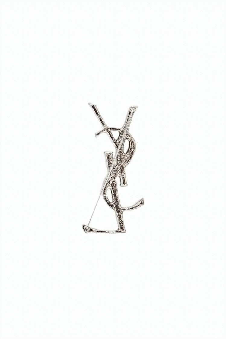 Saint Laurent Crocodile-Textured Brass Brooch With Intertwined Letters