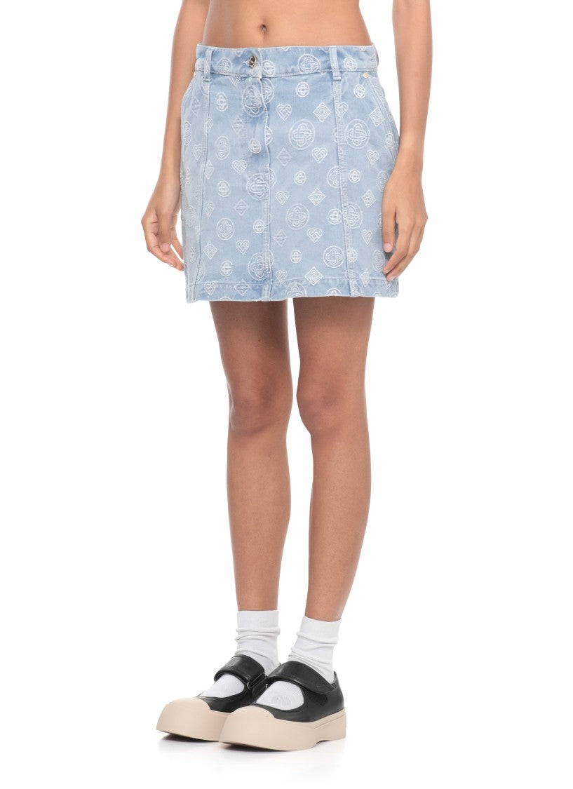 Casablanca Light Blue Denim Mini Skirt With Embroidered Logo