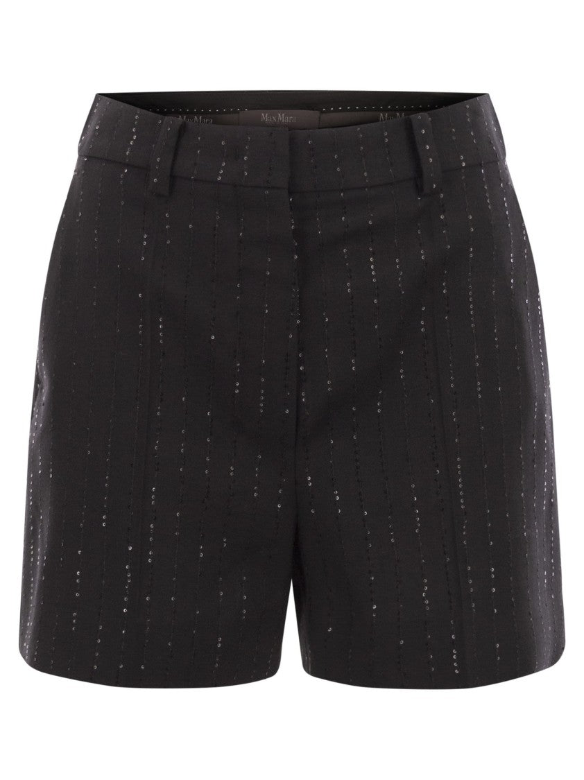 Max Mara Pinstripe Embellished Wool Blend Tailored Shorts