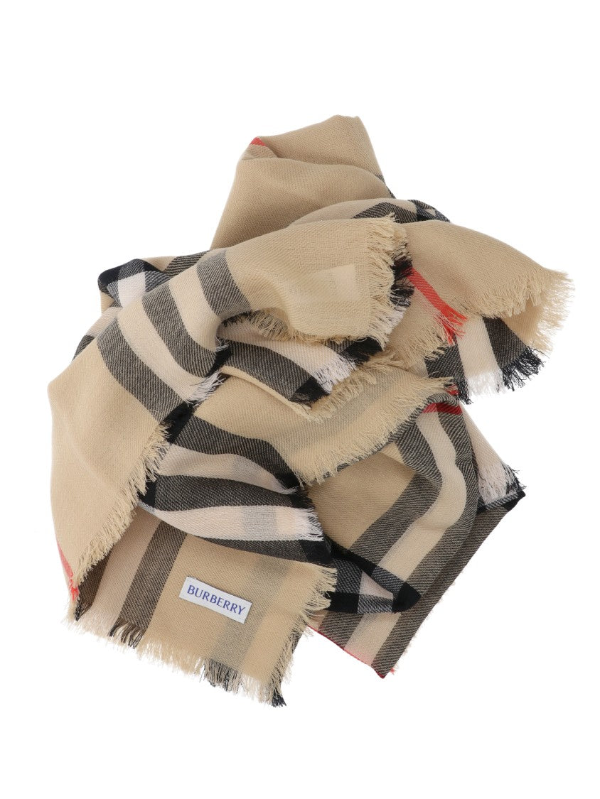Burberry Beige Wool Check Scarf With Fringed Edges