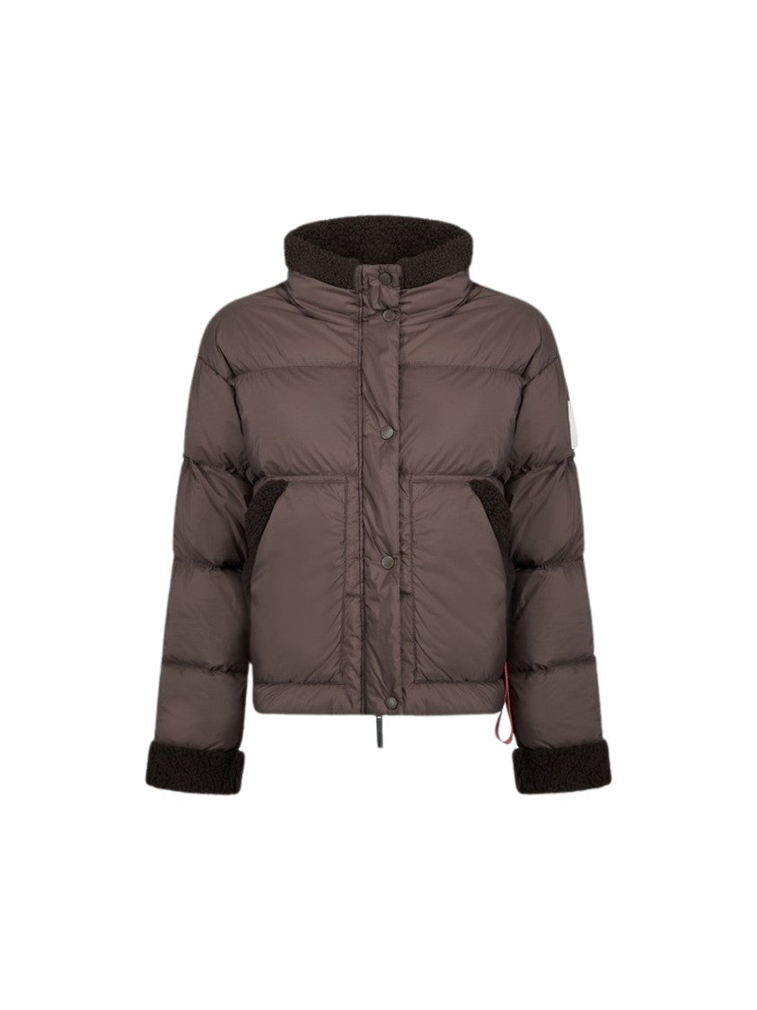 After Label Ande Cropped Brown Shearling Glossy Nylon Down Jacket