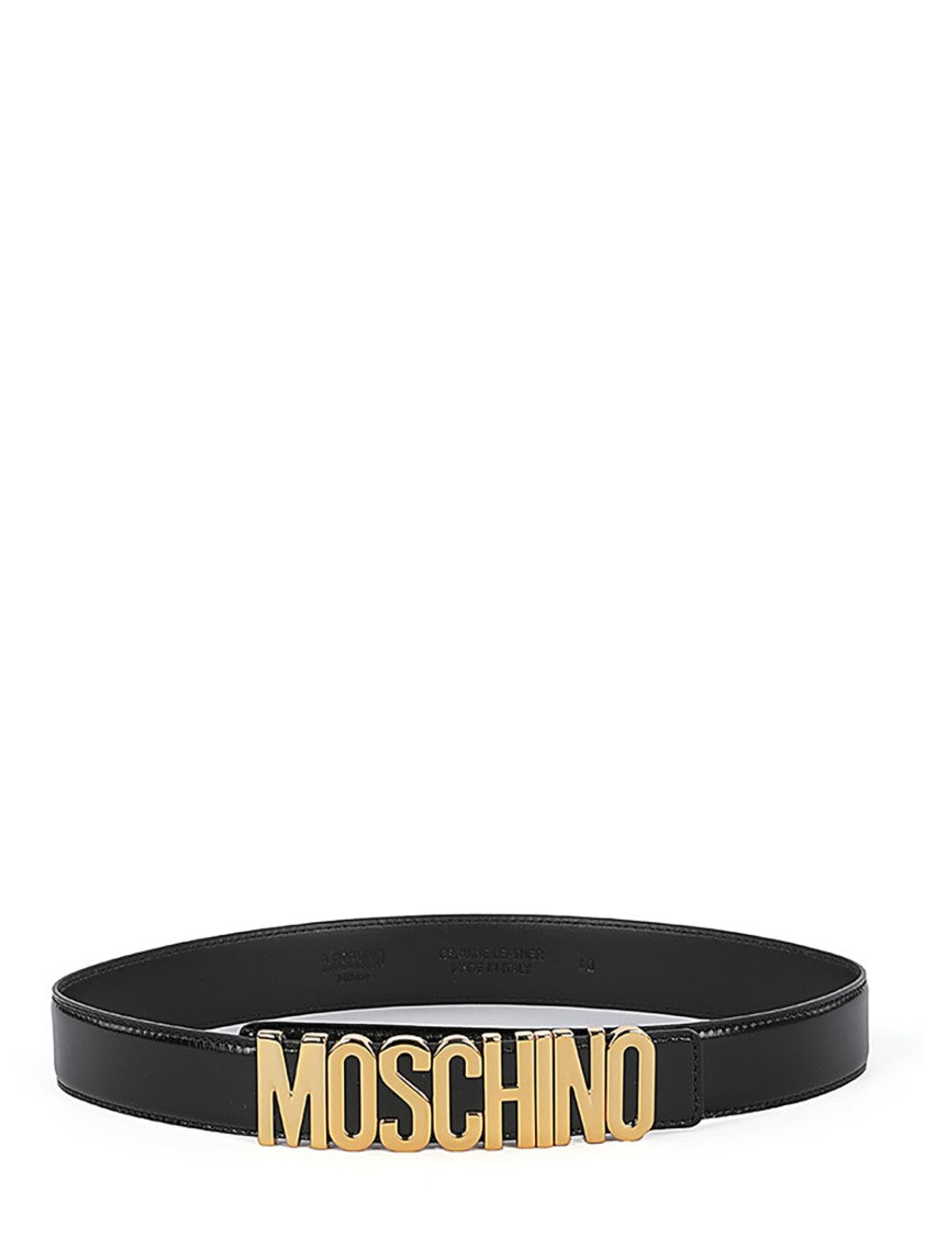 Moschino Black Leather Belt With Gold Metal Logo Buckle
