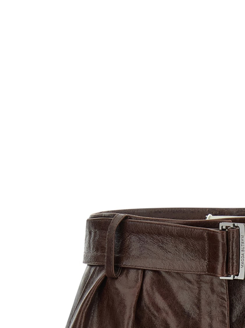 Magda Butrym Craquelé Shiny Leather High-Waisted Shorts With Flared Silhouette