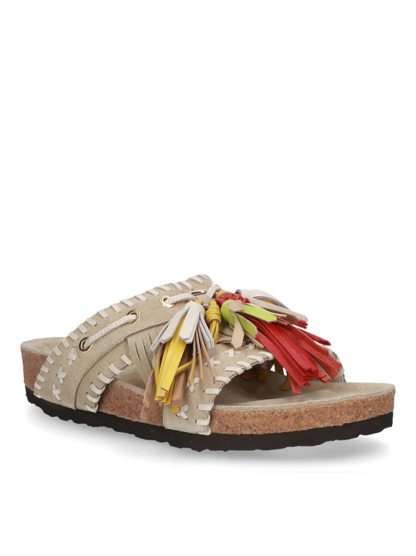 Elena Iachi Beige Suede Slipper With Multicolor Tassels