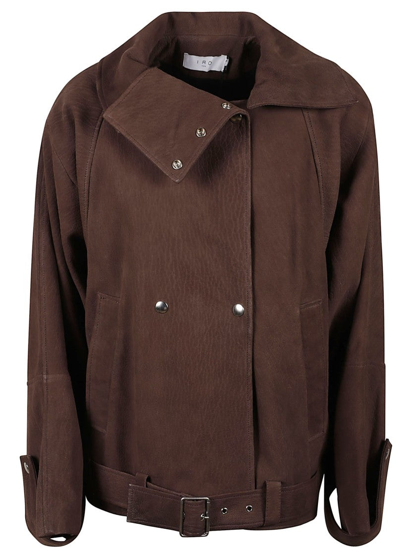 Iro Double-Breasted Brown Leather Jacket With Belted Waist