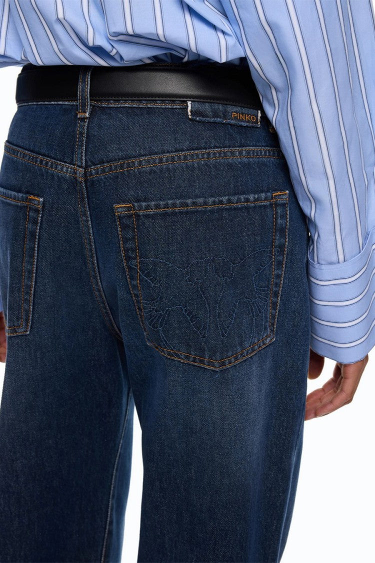 Pinko Blue Cotton Wide-Leg Cropped Jeans