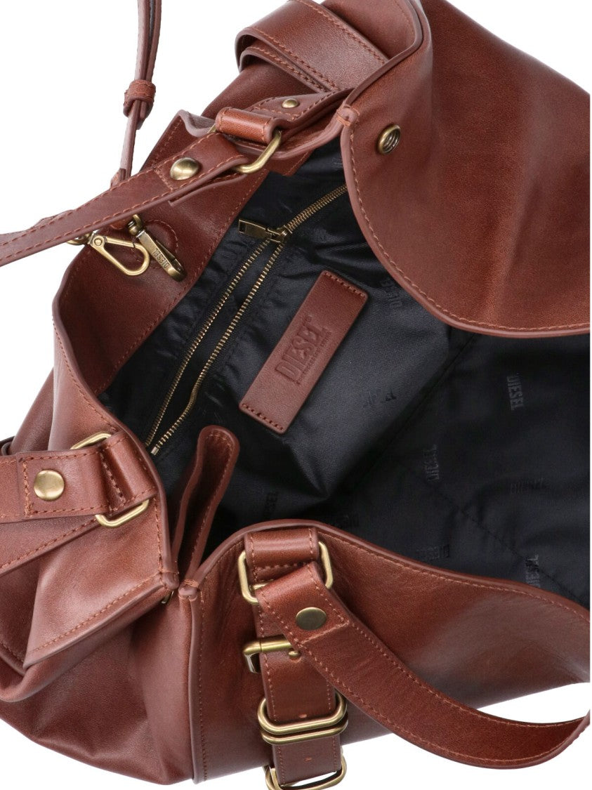 Diesel Medium Brown Leather D-One Handbag With Gold Hardware
