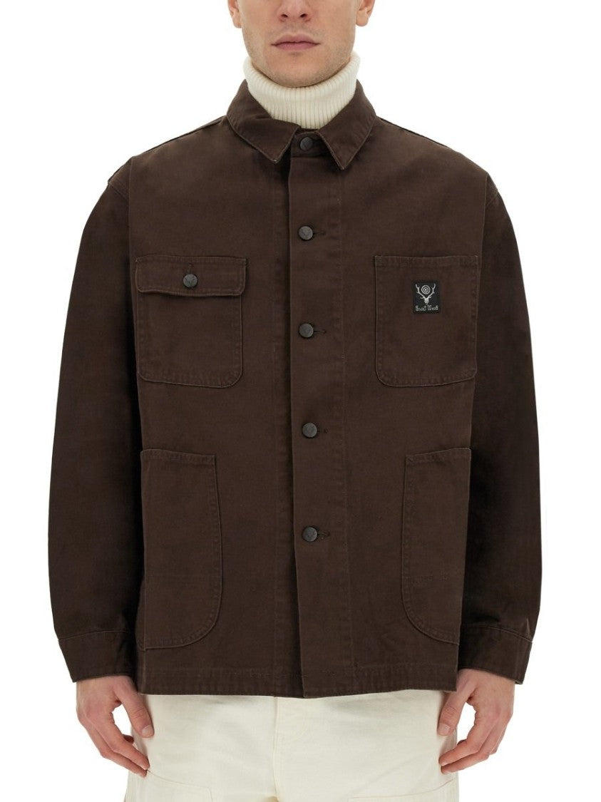 South2 West8 Brown Utility Jacket With Classic Collar And Structured Silhouette