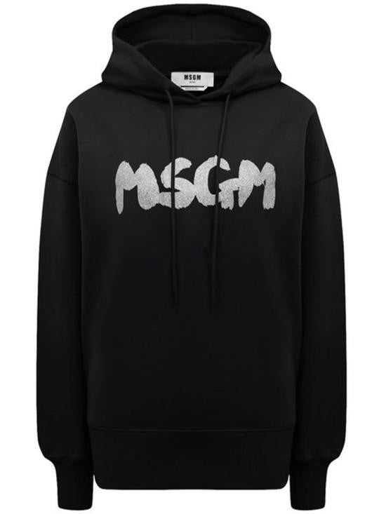 Msgm Textured Logo Black Hoodie With Classic Drawstring