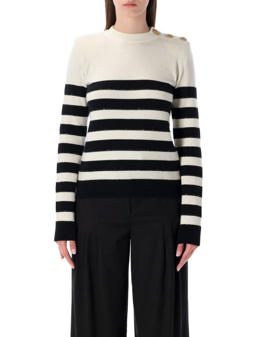 Balmain Lion Head Buttons Striped Sweater