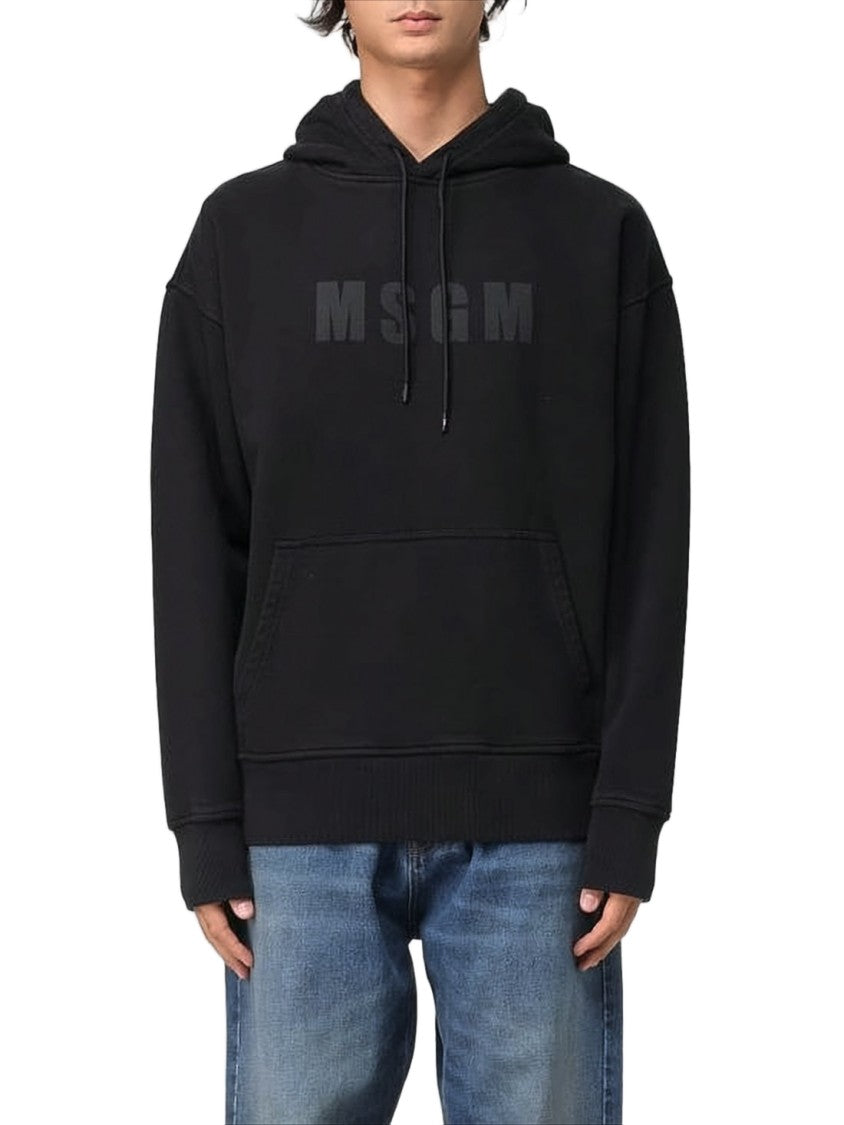 Msgm Black Hoodie With Front Kangaroo Pocket