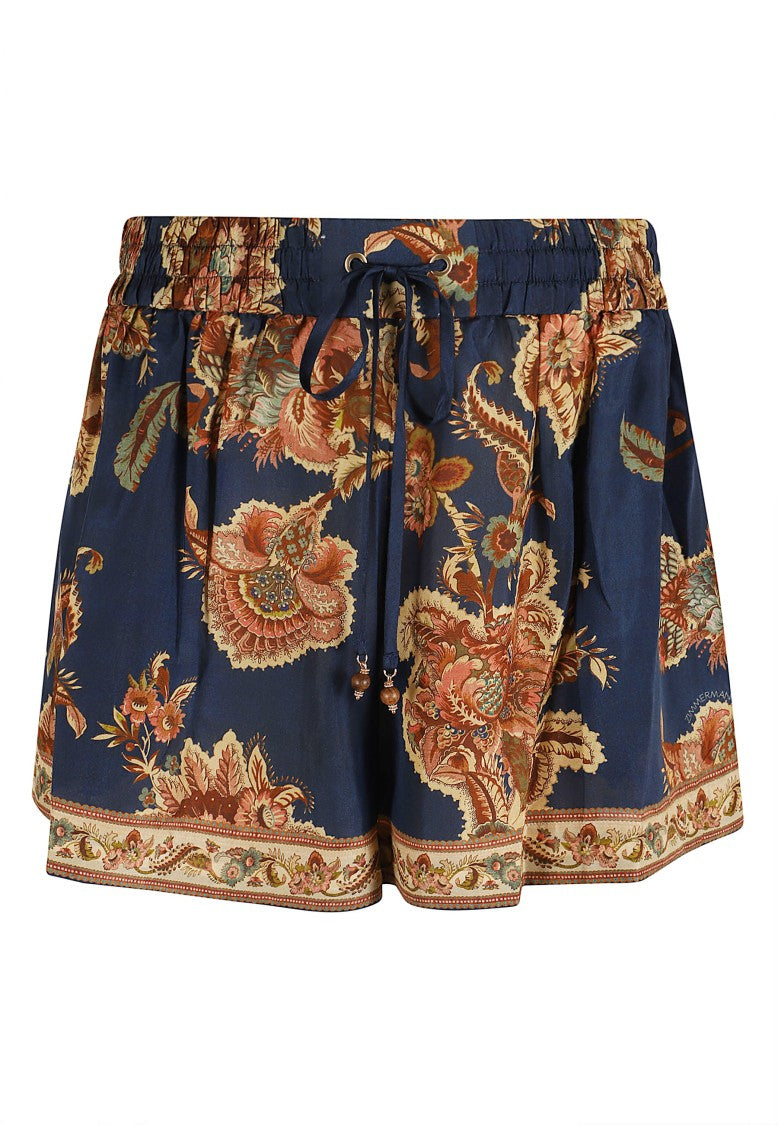 Zimmermann Navy Aster Relaxed Jacobean Print Silk Shorts