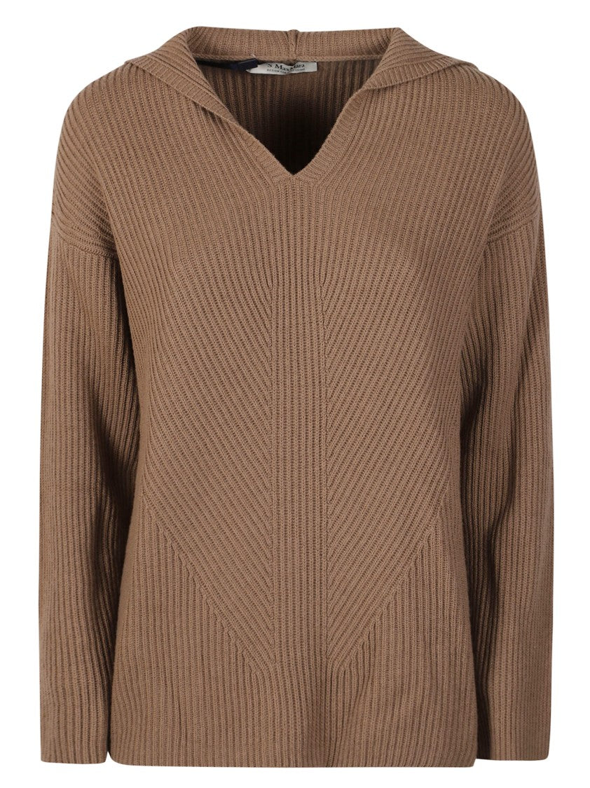Max Mara Ribbed Knit Sweater With V-Neckline And Attached Hood