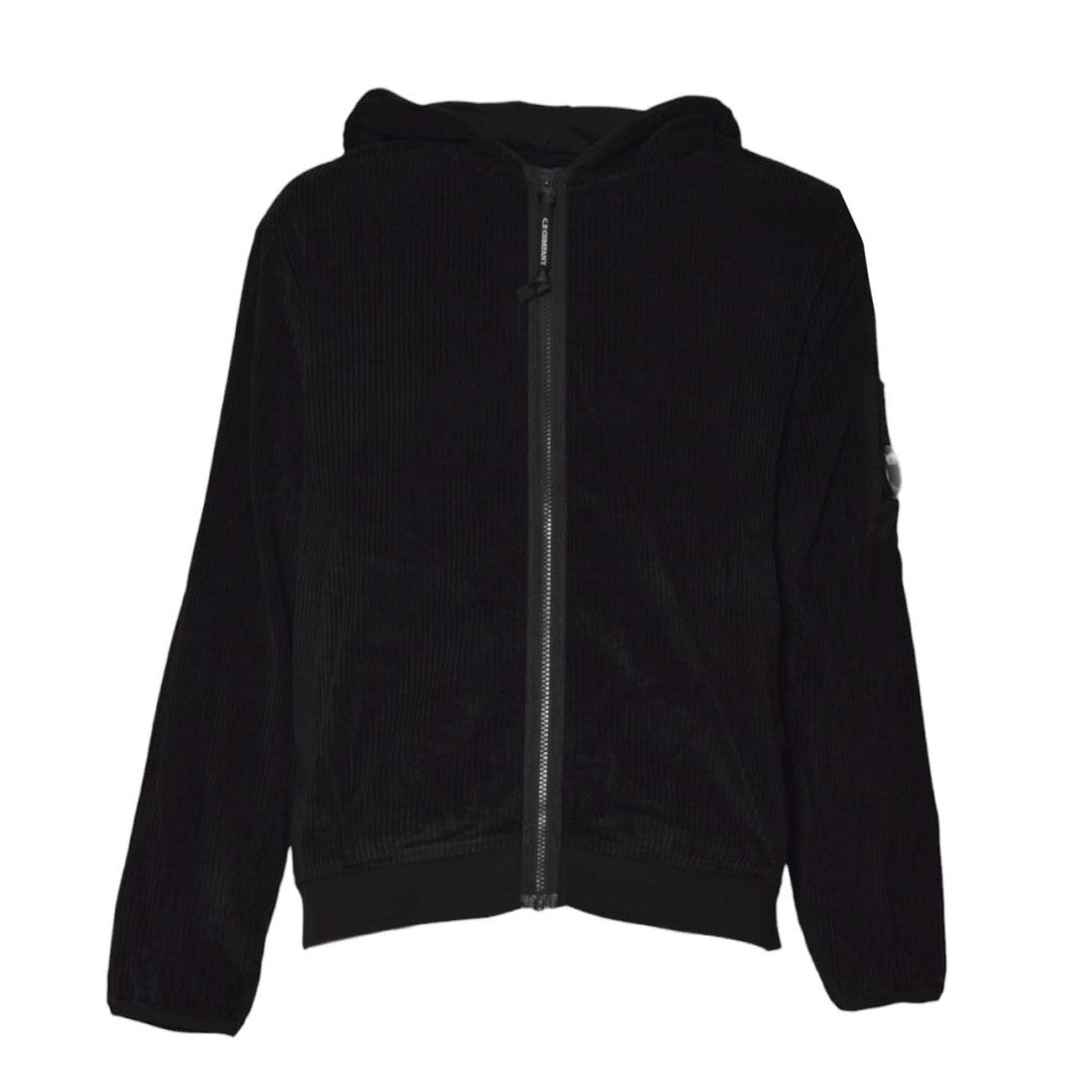 C.P. Company Black Corduroy Zip-Up Hoodie With Ribbed Texture And Distinctive Patch