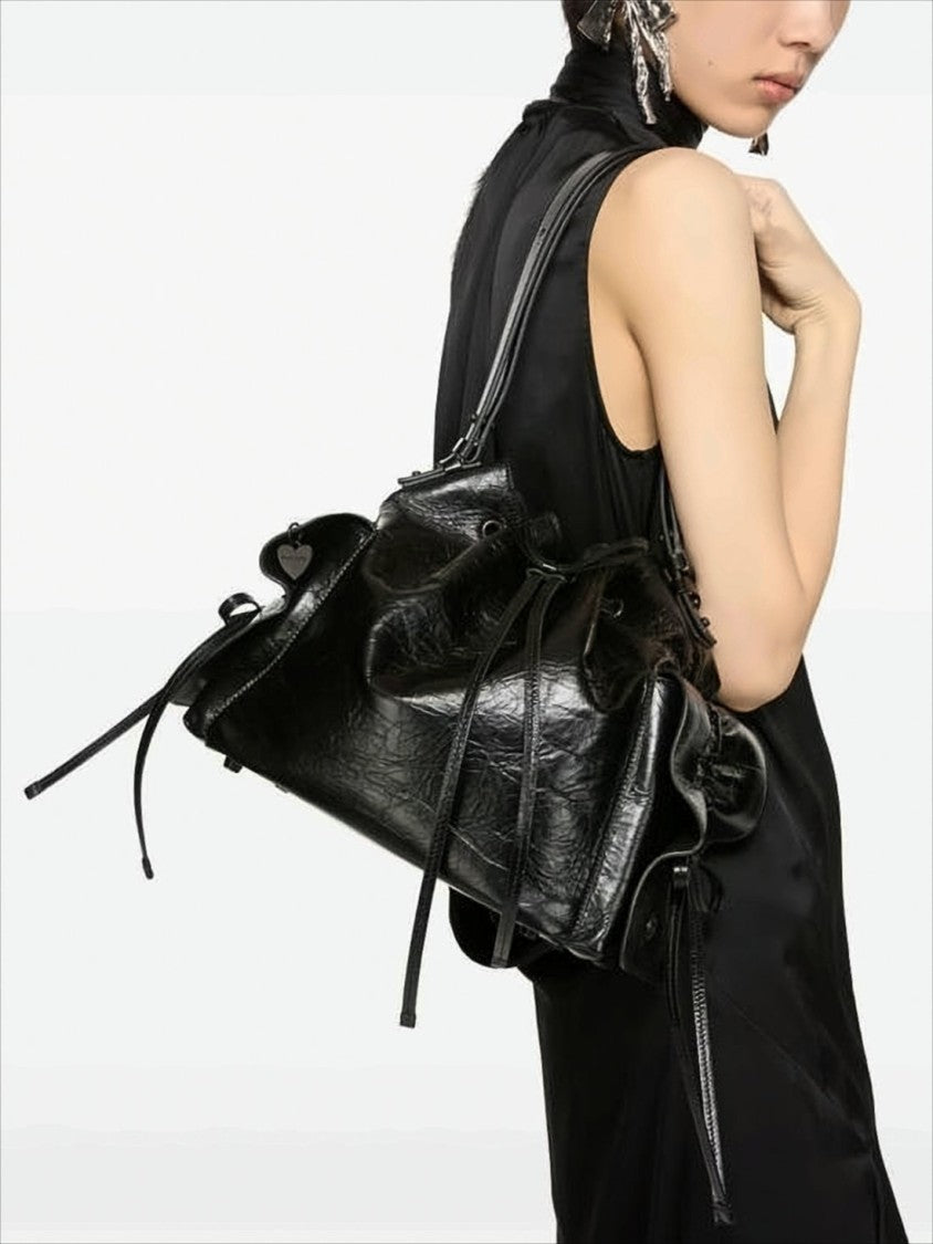 Acne Studios Glossy Black Calf Leather Shoulder Bag With Ruched Detail