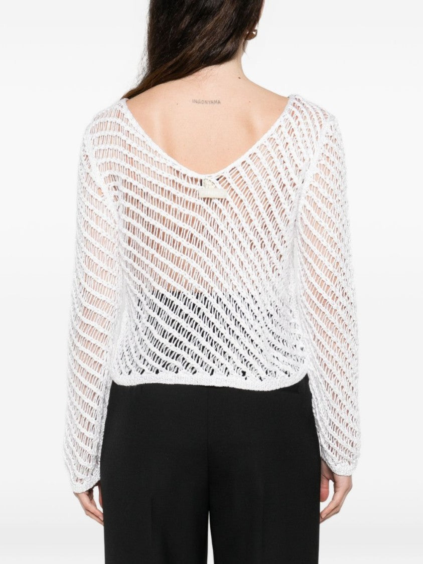 Pinko Open-Knit White Sweater With Subtle Shimmer And Diagonal Stripes