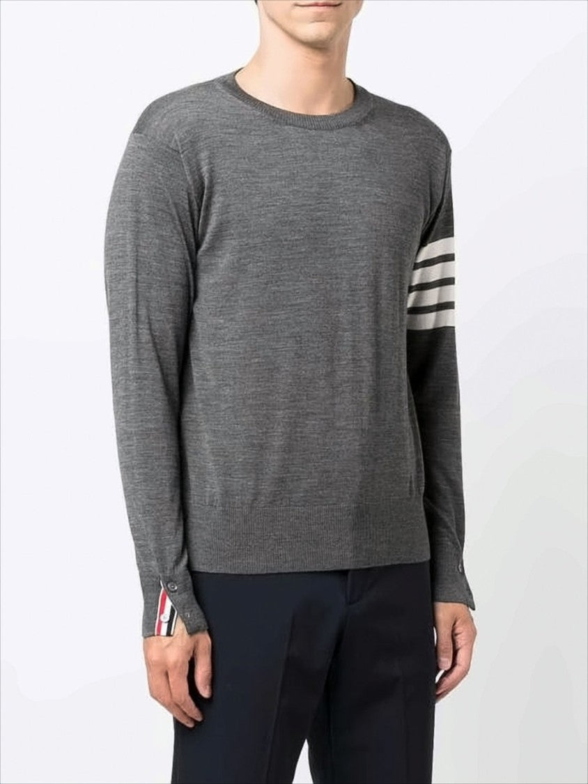 Thom Browne Fine-Knit Grey Merino Wool Sweater With Striped Accent