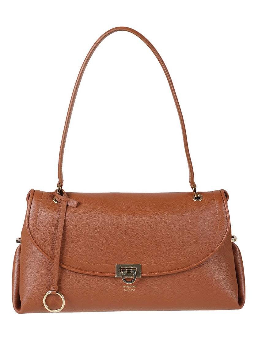 Ferragamo Elongated Brown Calf Leather Handbag With Metallic Clasp