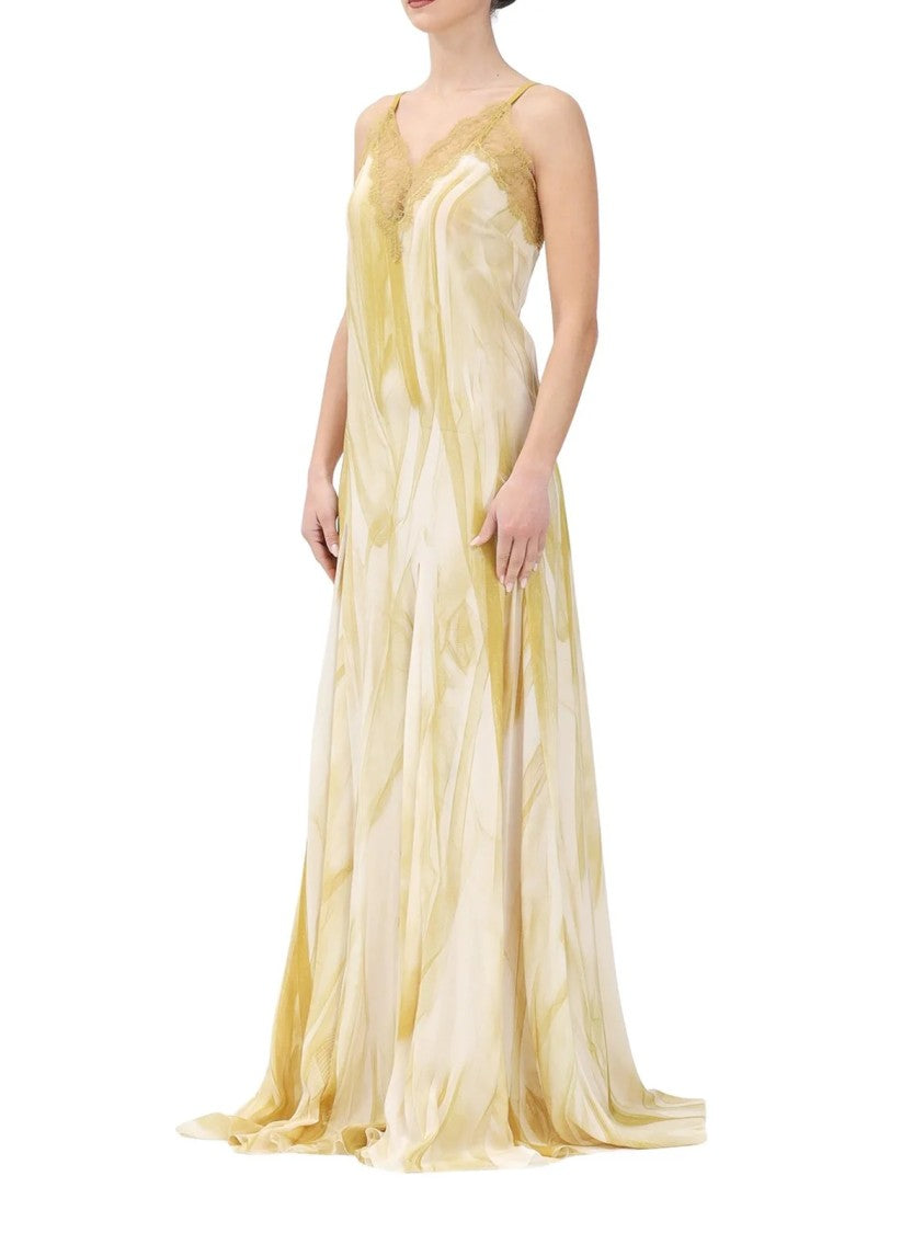Elisabetta Franchi Curry Lace Trim Viscose Maxi Slip Dress