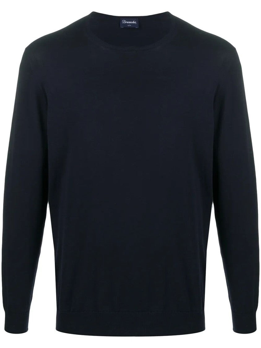 Drumohr Fitted Black Cotton Long Sleeve Crew-Neck Sweater
