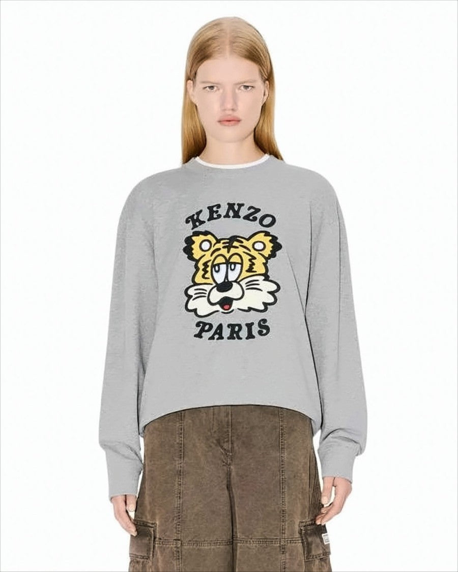 Kenzo Heather Grey Long-Sleeve Sweatshirt With Tiger Graphic