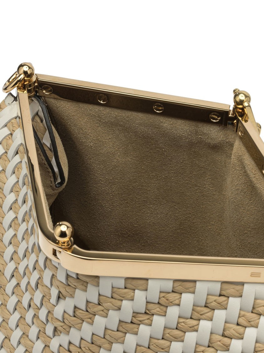 Etro Compact Structured Shoulder Bag With Woven Raffia