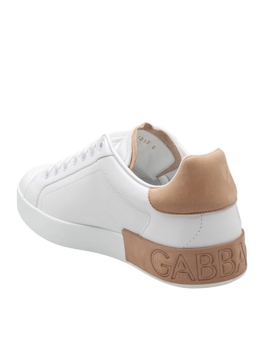 Dolce & Gabbana Portofino Leather Sneakers In White And Tan