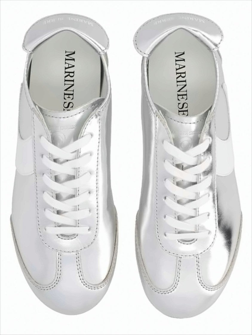 Marine Serre Metallic Silver Leather Sneakers With Crescent Accent