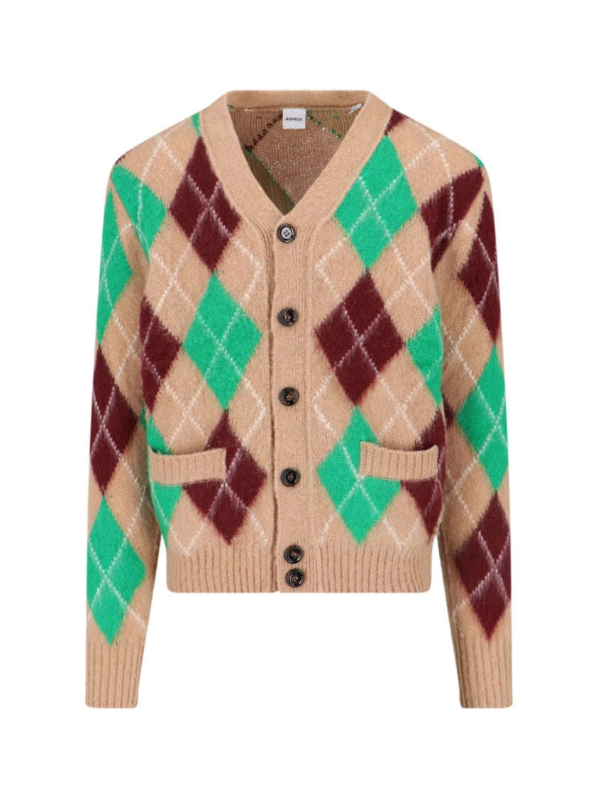 Aspesi Shetland Wool Cardigan – Beige Argyle