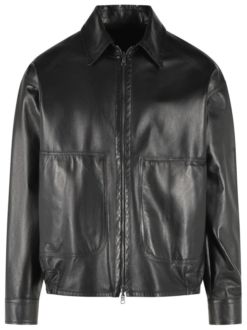 Salvatore Santoro Elastic Hem Pointed Collar Leather Jacket - Black