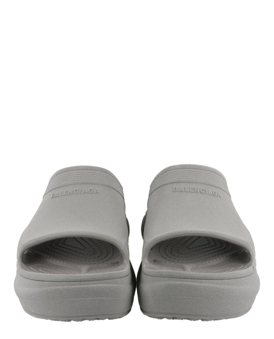 Balenciaga Debossed Logo Grey Pool Slides With Chunky Block Heel