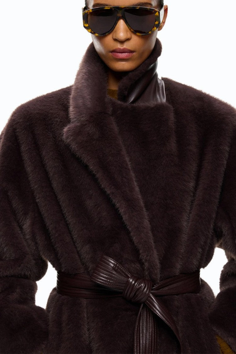 Pinko Brown Polyester Faux-Fur Belted Coat