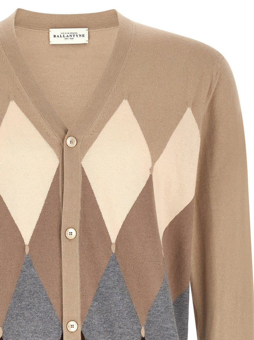 Ballantyne Argyle Jacquard Cardigan In Cotton Cashmere Blend
