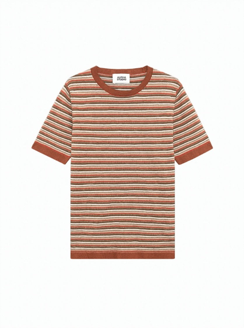 Alpha Studio Multicolor Striped Short-Sleeve Crewneck T-Shirt