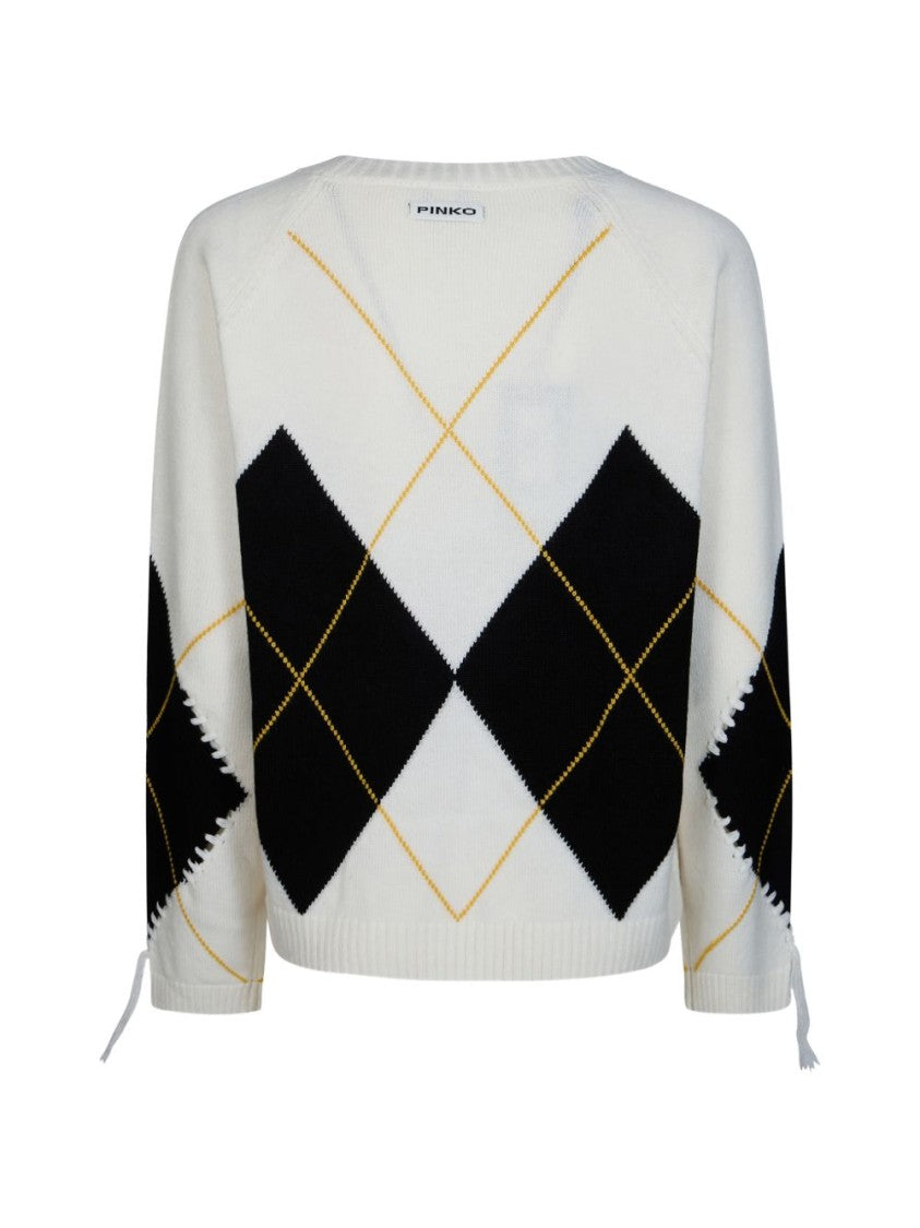 Pinko Multicolor Cropped Argyle Distressed Sweater