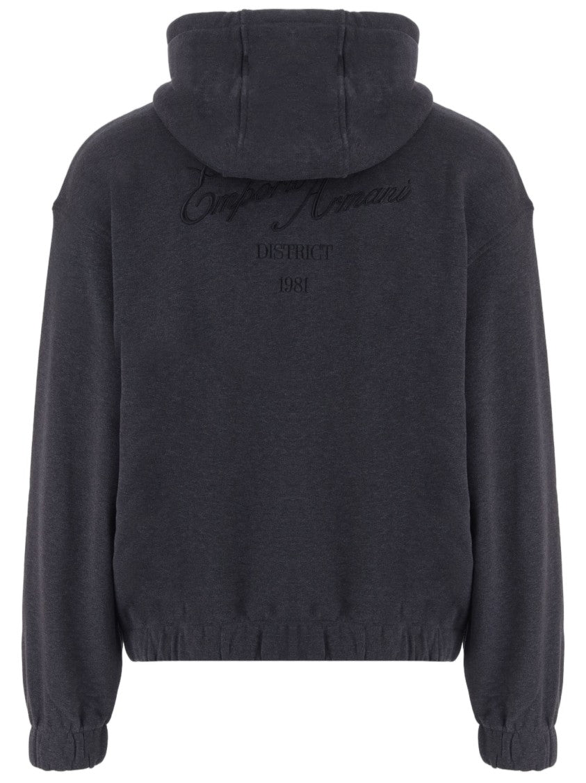 Emporio Armani Charcoal Zip-Up Embroidered Knit Hoodie