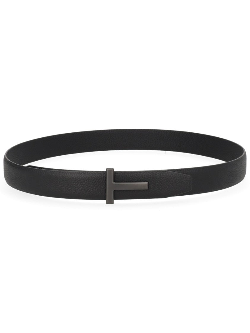 Tom Ford Textured Black Calf Leather T Buckle Belt