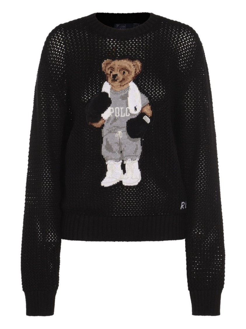 Polo Ralph Lauren Open-Knit Sweater With Playful Bear Graphic And Ribbed Trim