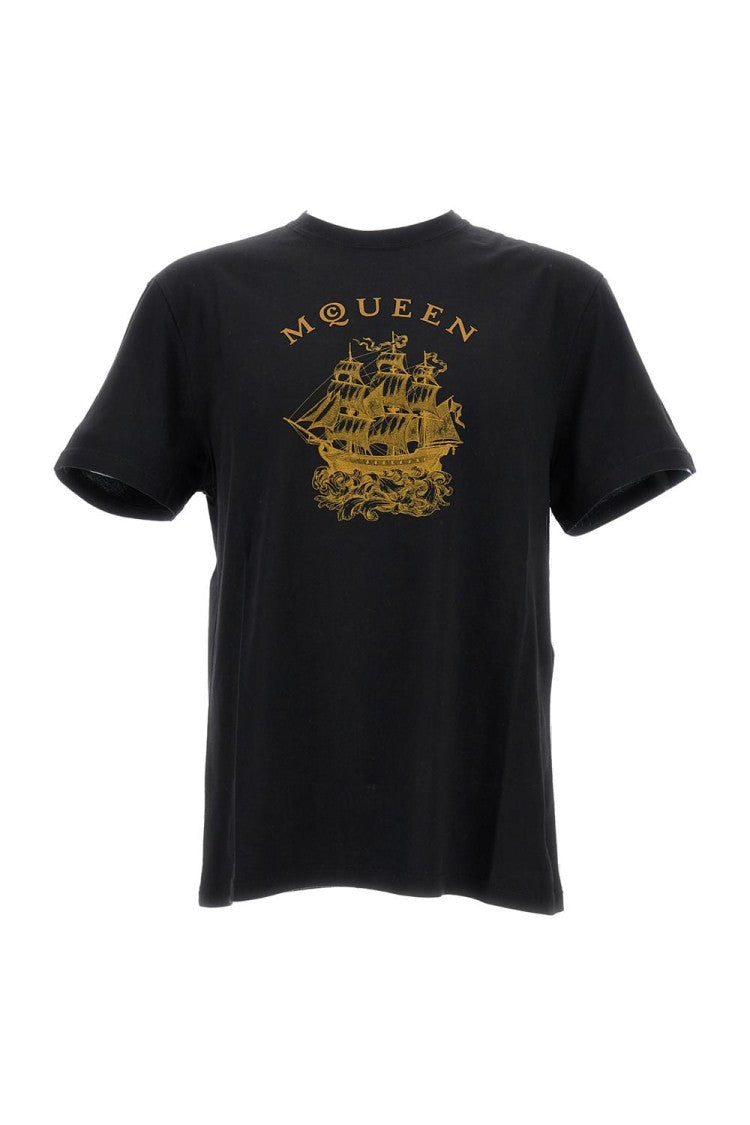 Alexander Mcqueen Crewneck T-Shirt With Gold Ship Graphic