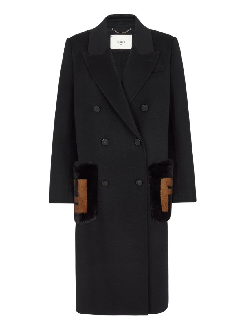 Fendi Double-Breasted Wool Coat With Contrasting Fur Patches